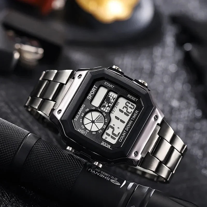 MAYZHISU Classic Men's Digital Watch Luxury Stainless Steel Strap Sport