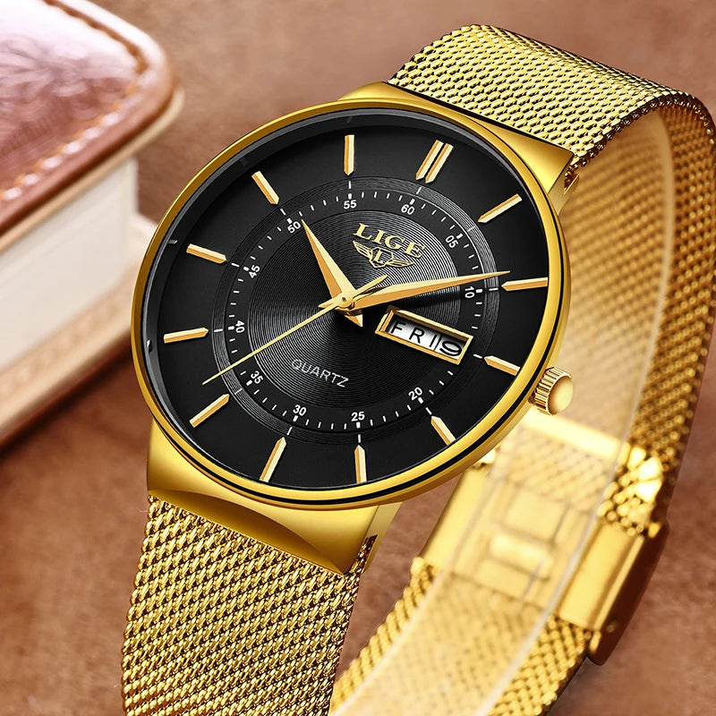 LIGE Ultra Thin Steel Mesh Strap Waterproo Watch