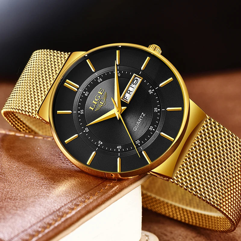 LIGE Ultra Thin Steel Mesh Strap Waterproo Watch