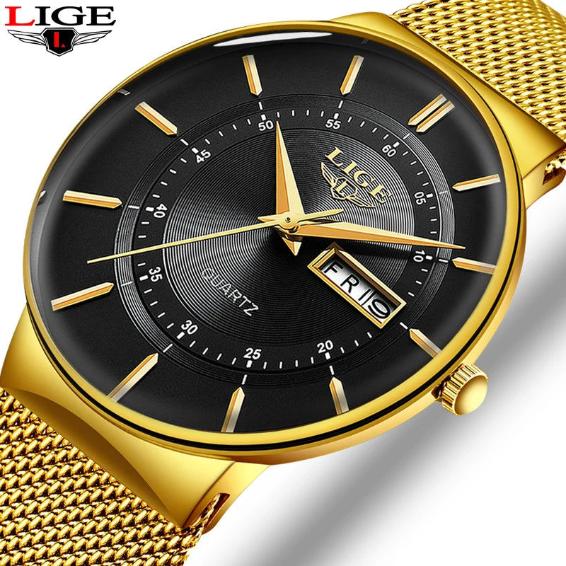 LIGE Ultra Thin Steel Mesh Strap Waterproo Watch