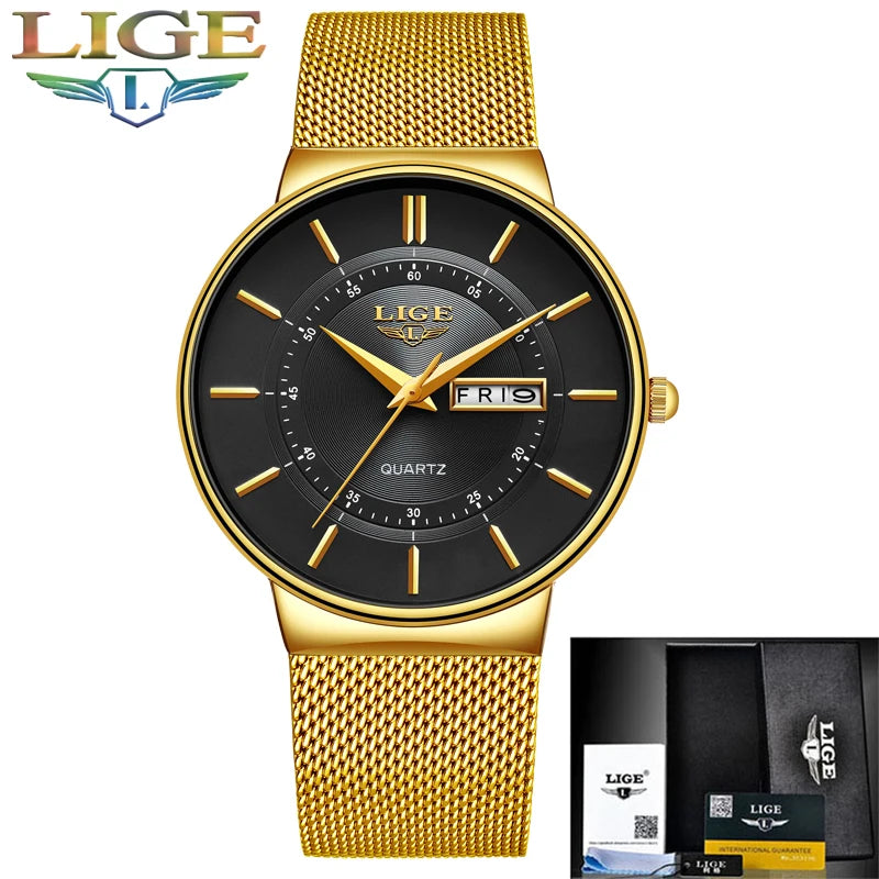 LIGE Ultra Thin Steel Mesh Strap Waterproo Watch