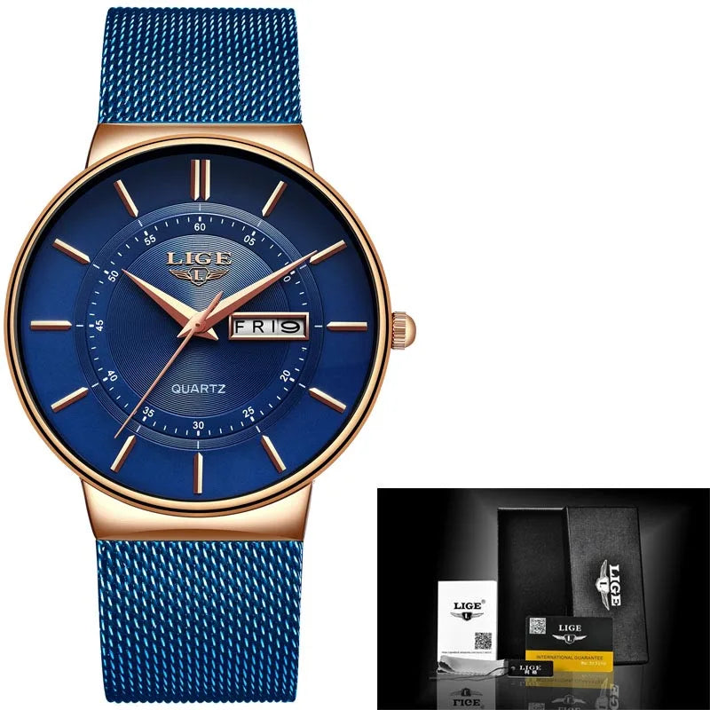 LIGE Ultra Thin Steel Mesh Strap Waterproo Watch