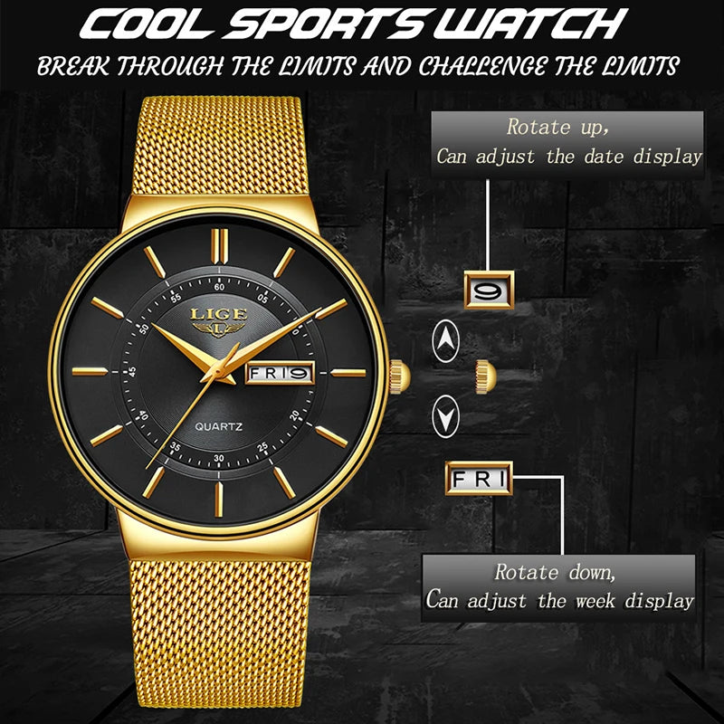 LIGE Ultra Thin Steel Mesh Strap Waterproo Watch