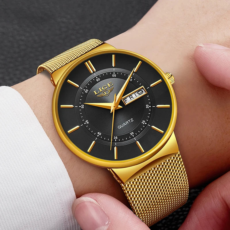 LIGE Ultra Thin Steel Mesh Strap Waterproo Watch