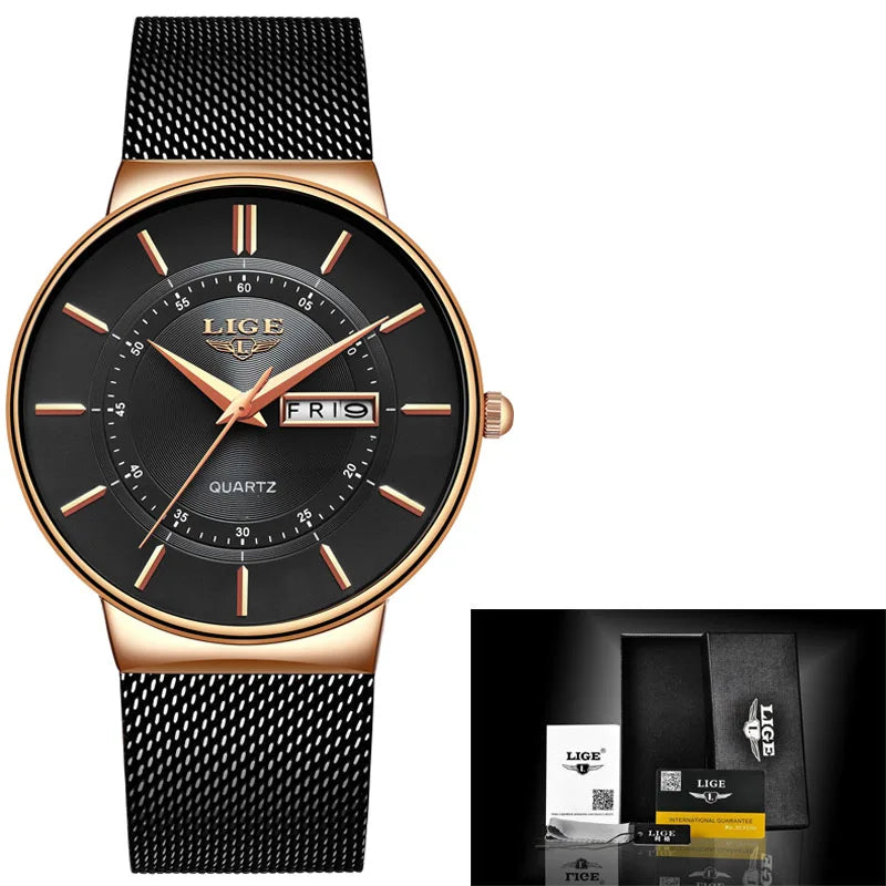 LIGE Ultra Thin Steel Mesh Strap Waterproo Watch