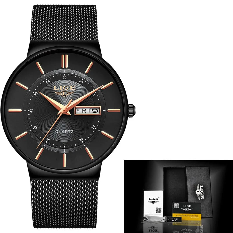 LIGE Ultra Thin Steel Mesh Strap Waterproo Watch