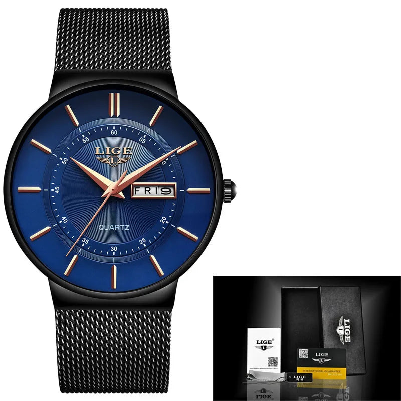 LIGE Ultra Thin Steel Mesh Strap Waterproo Watch