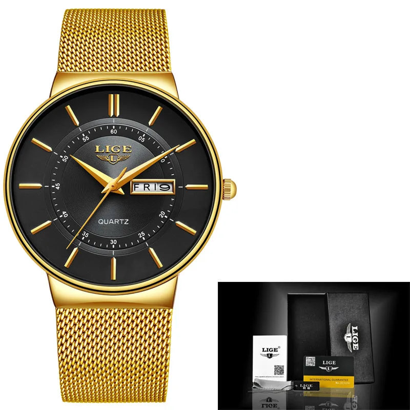 LIGE Ultra Thin Steel Mesh Strap Waterproo Watch
