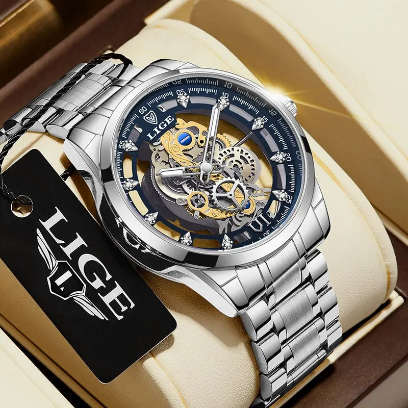 LIGE New Men Watch Gold Skeleton Retro