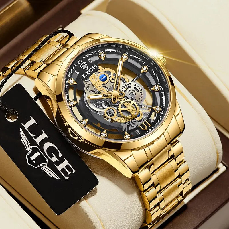 LIGE New Men Watch Gold Skeleton Retro