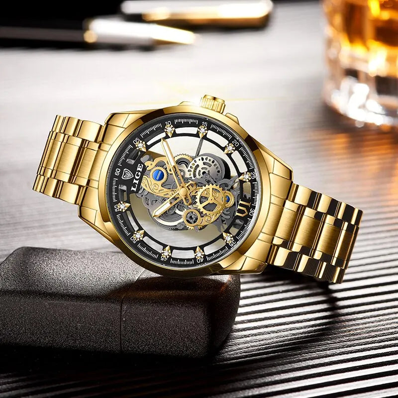LIGE New Men Watch Gold Skeleton Retro