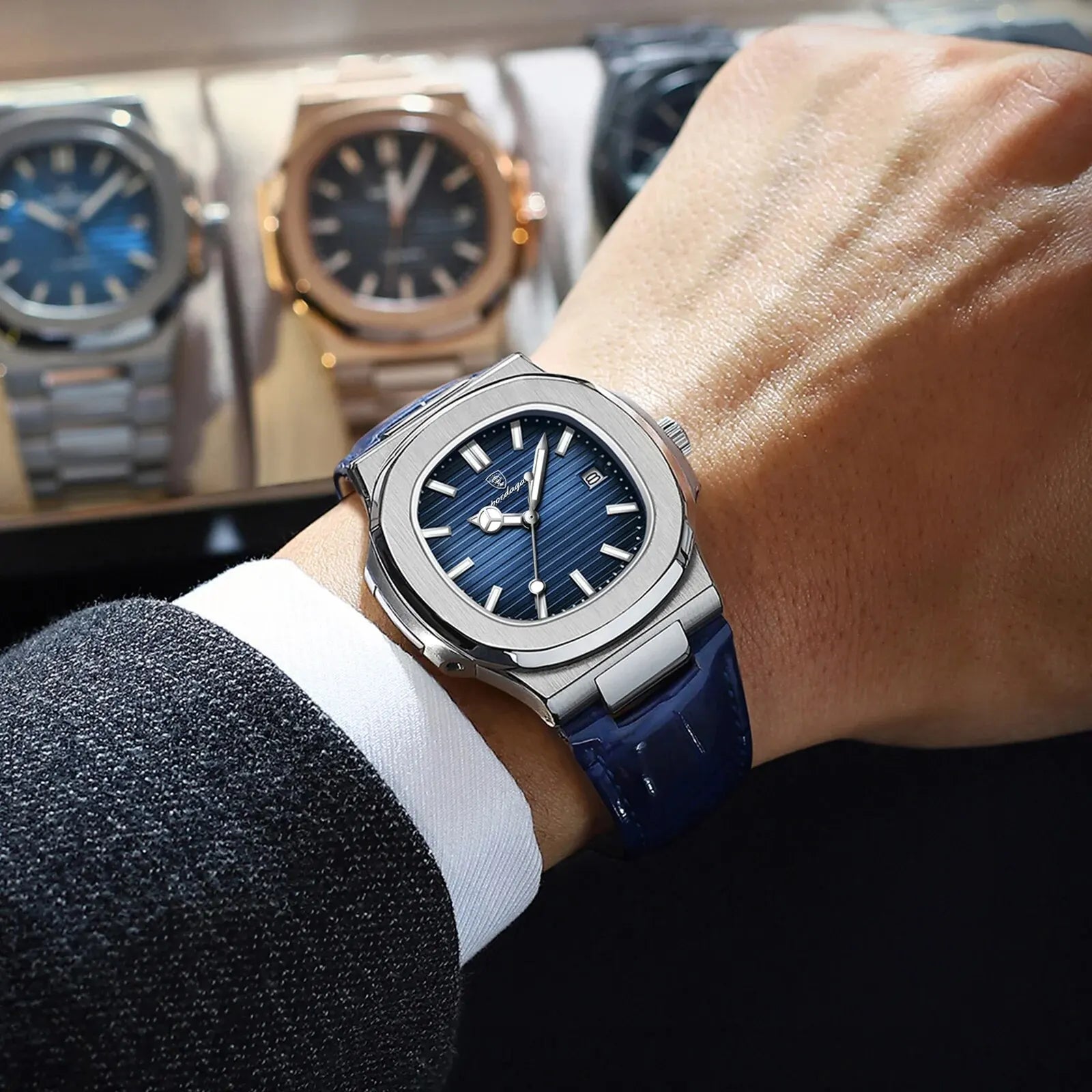 POEDAGAR Top Luxury Square Man Watch High Quality Leather