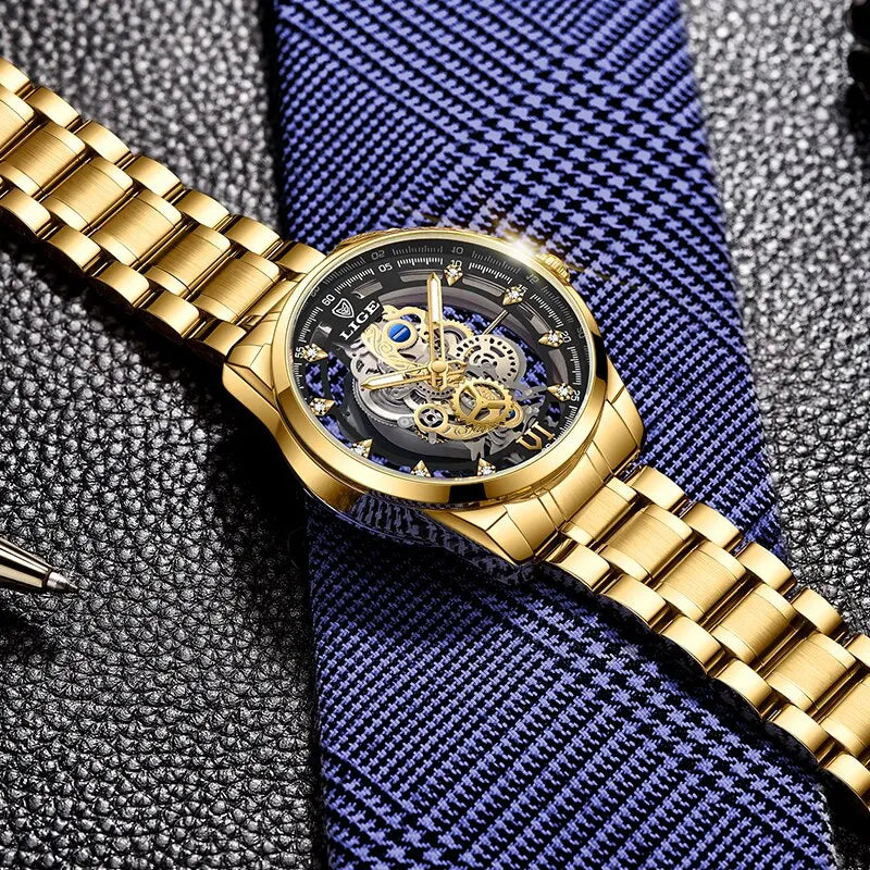 LIGE New Men Watch Gold Skeleton Retro