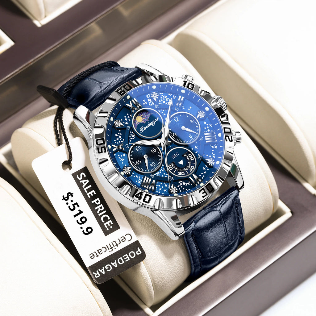 POEDAGAR Luxury Fashion Man Watch Waterproof Luminous Chronograph Leather