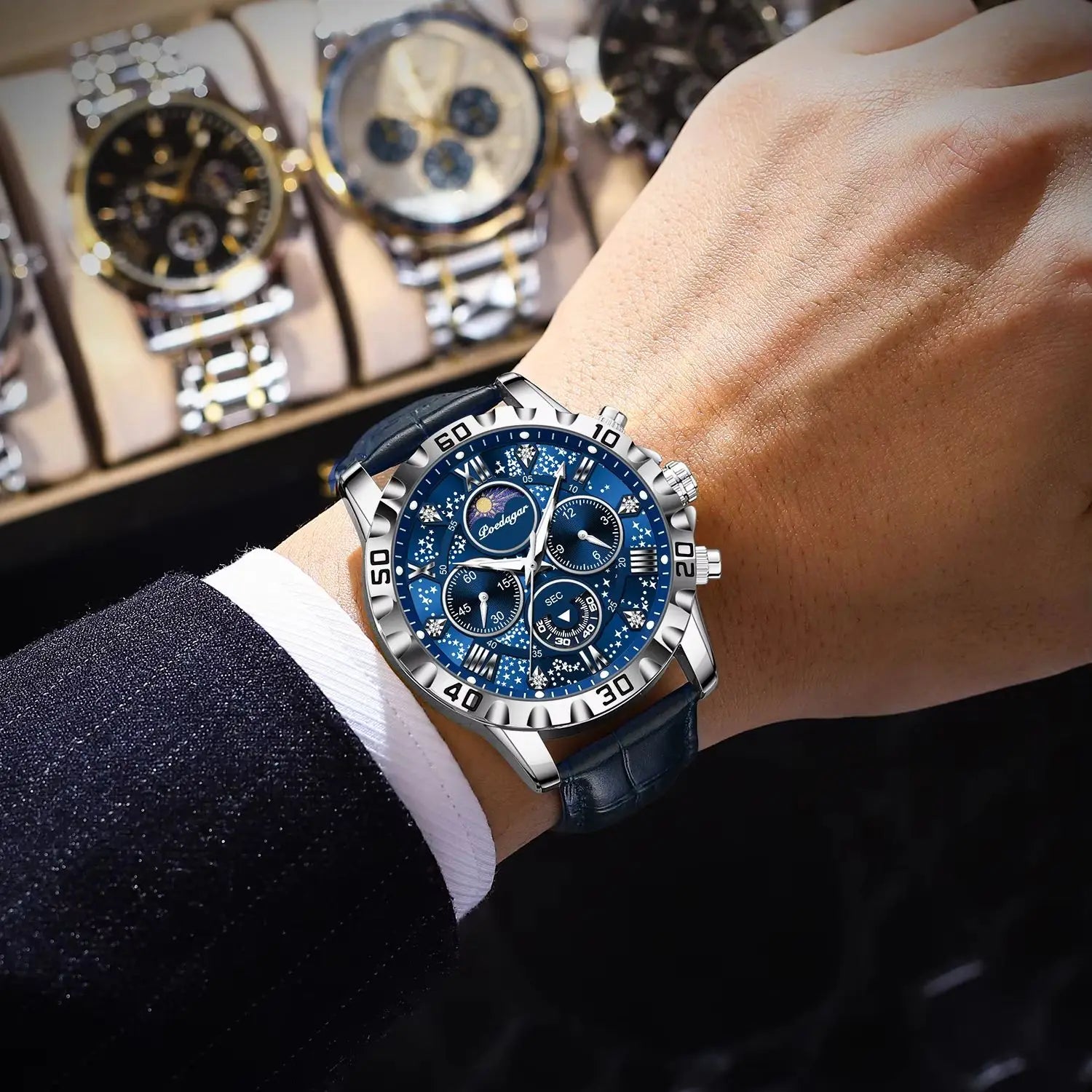 POEDAGAR Luxury Fashion Man Watch Waterproof Luminous Chronograph Leather