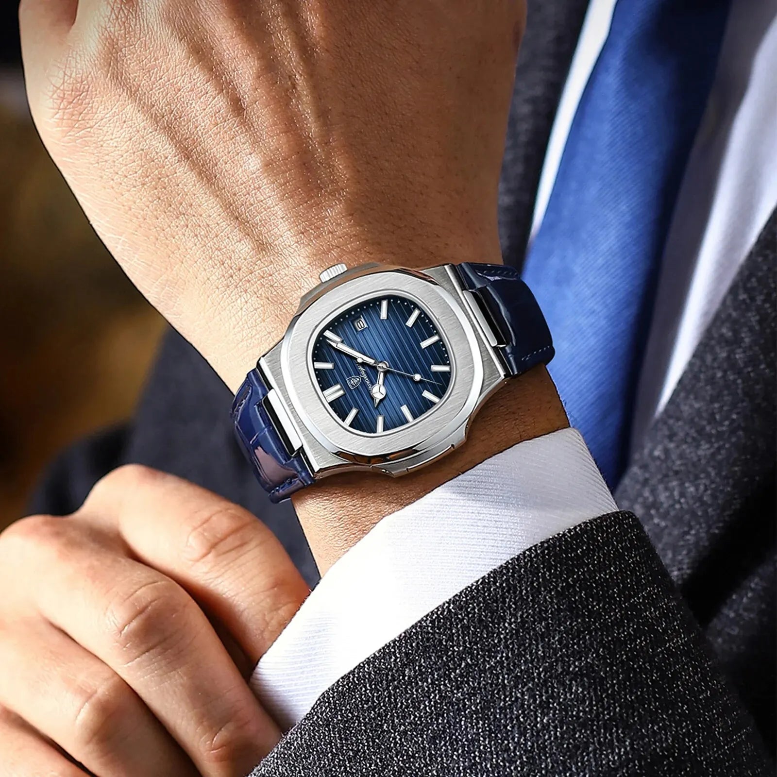 POEDAGAR Top Luxury Square Man Watch High Quality Leather