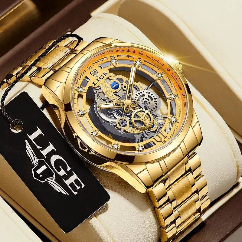 LIGE New Men Watch Gold Skeleton Retro