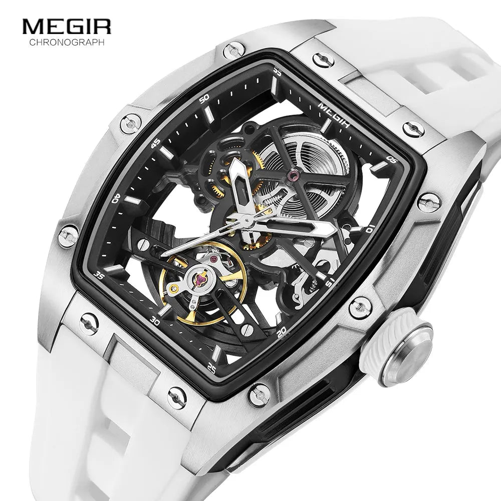 MEGIR Men's Automatic Mechanical Watch with Stainless Steel Case Silicone Band Skeleton Dial