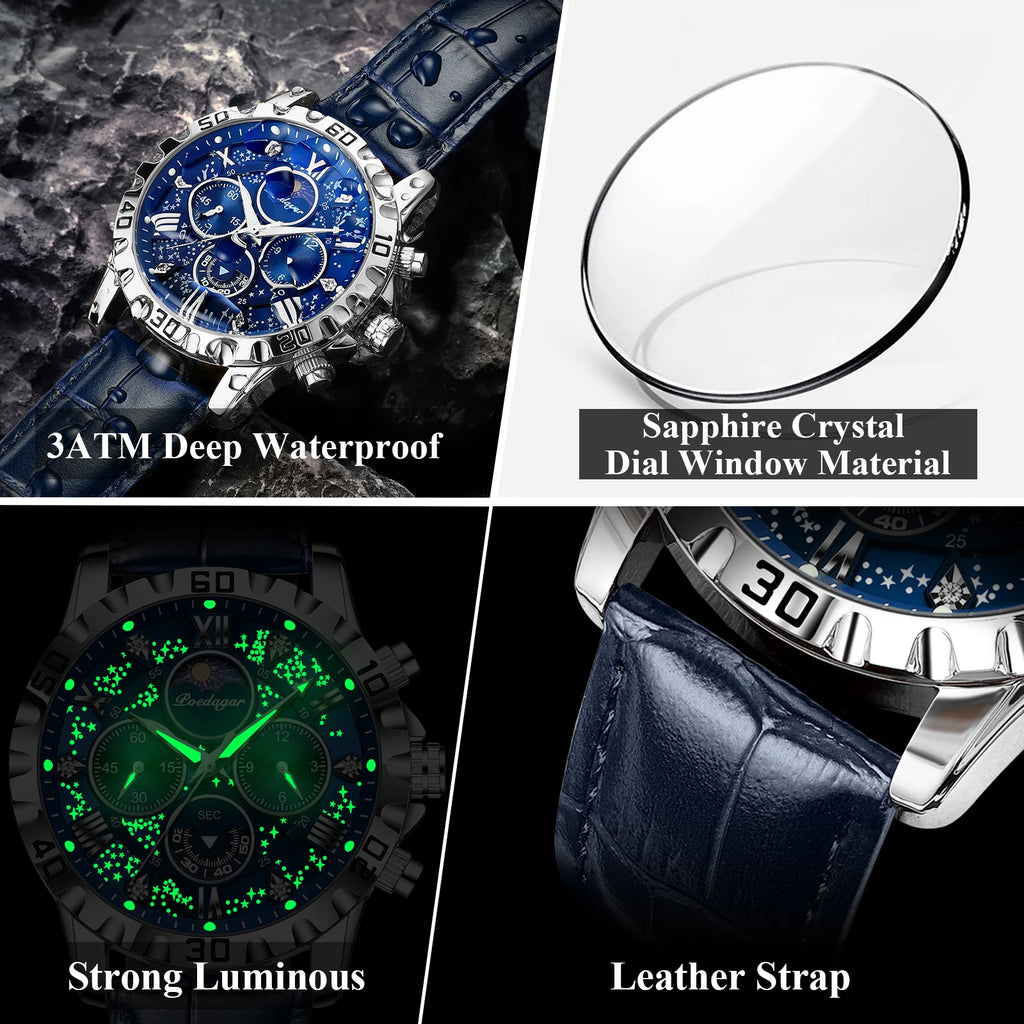 POEDAGAR Luxury Fashion Man Watch Waterproof Luminous Chronograph Leather
