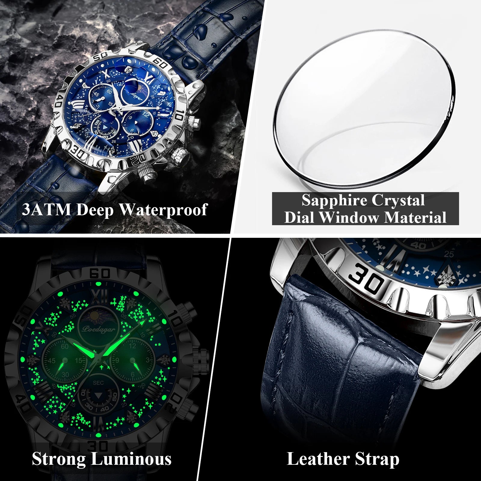 POEDAGAR Luxury Fashion Man Watch Waterproof Luminous Chronograph Leather