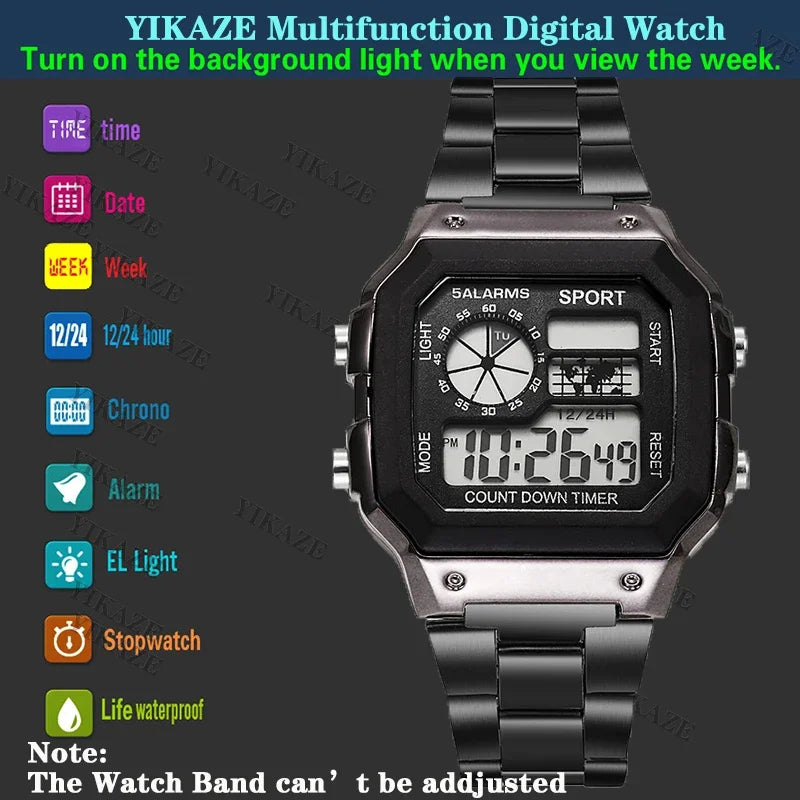 MAYZHISU Classic Men's Digital Watch Luxury Stainless Steel Strap Sport