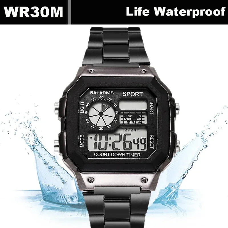 MAYZHISU Classic Men's Digital Watch Luxury Stainless Steel Strap Sport