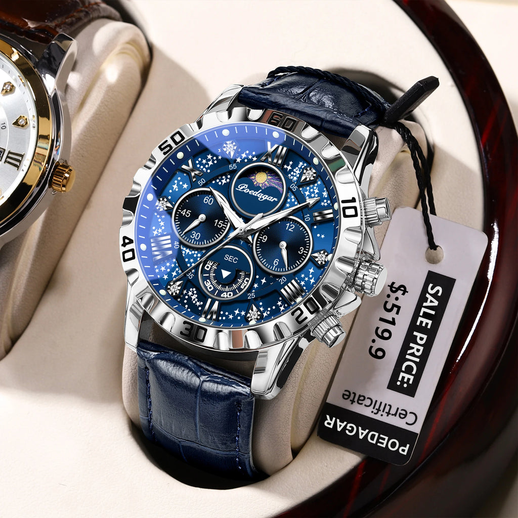 POEDAGAR Luxury Fashion Man Watch Waterproof Luminous Chronograph Leather