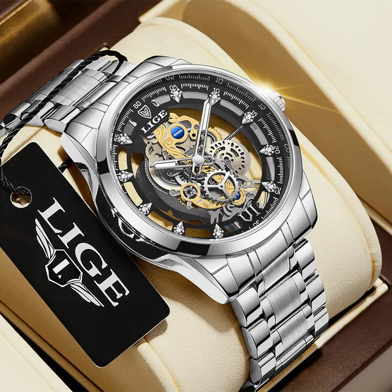 LIGE New Men Watch Gold Skeleton Retro