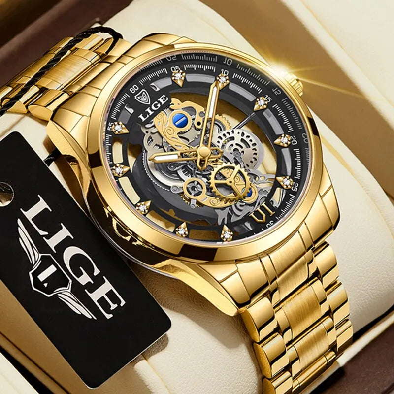 LIGE New Men Watch Gold Skeleton Retro
