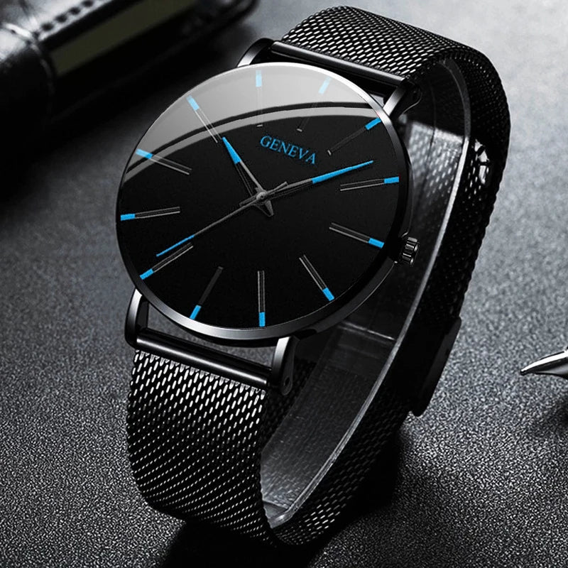 GENEVA Ultra-thin Men Business Watch Steel Mesh Band