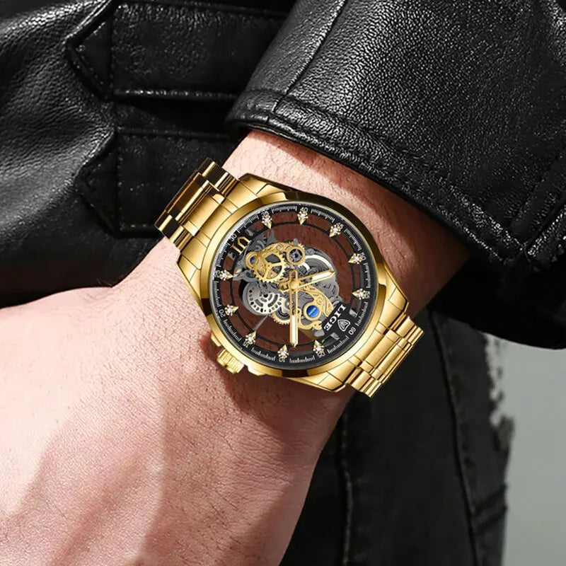 LIGE New Men Watch Gold Skeleton Retro