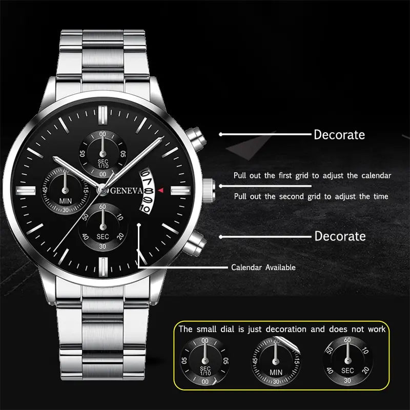 GENEVA Luxury Silver Stainless Steel Quartz Business Watch