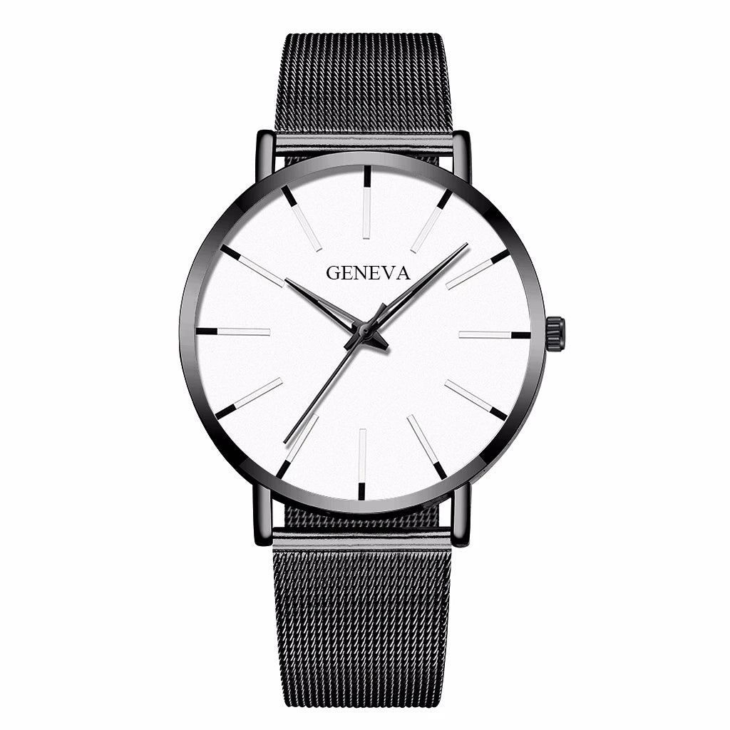 GENEVA Ultra-thin Men Business Watch Steel Mesh Band