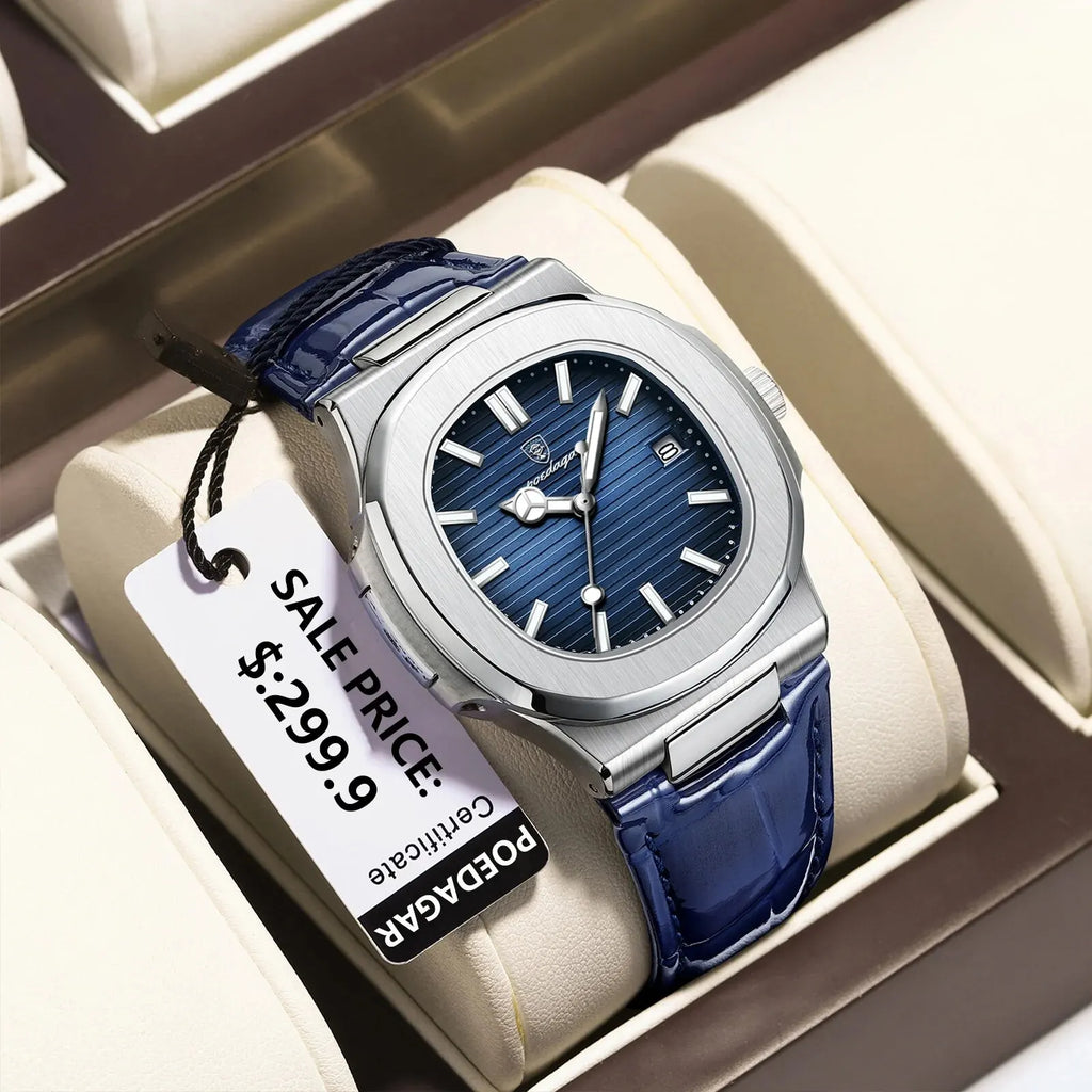 POEDAGAR Top Luxury Square Man Watch High Quality Leather