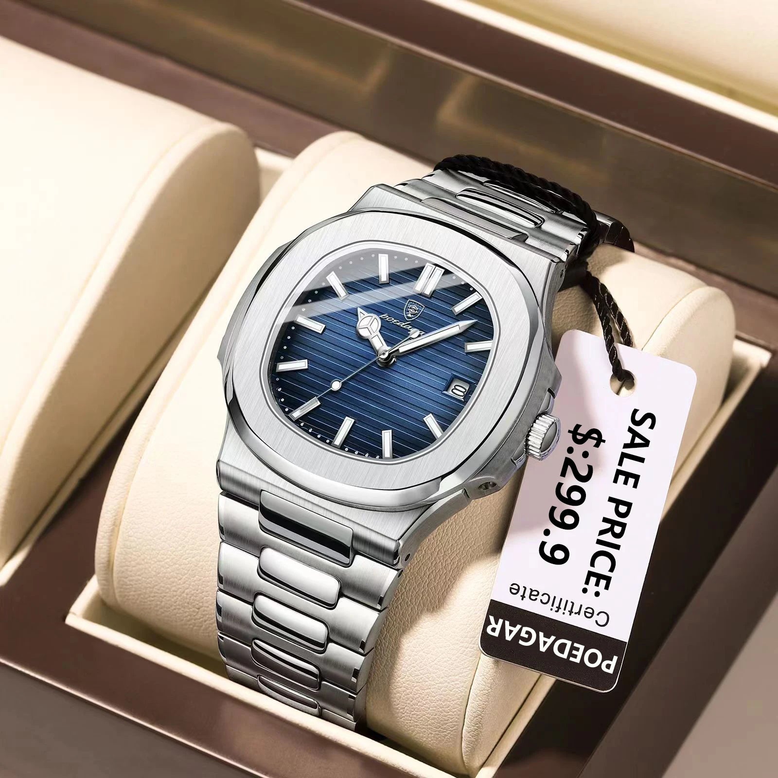 POEDAGAR Square Luxury Men Wristwatch Waterproof Luminous Date