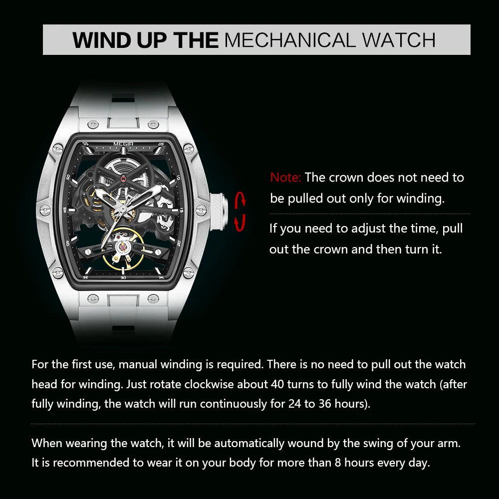 MEGIR Men's Automatic Mechanical Watch with Stainless Steel Case Silicone Band Skeleton Dial
