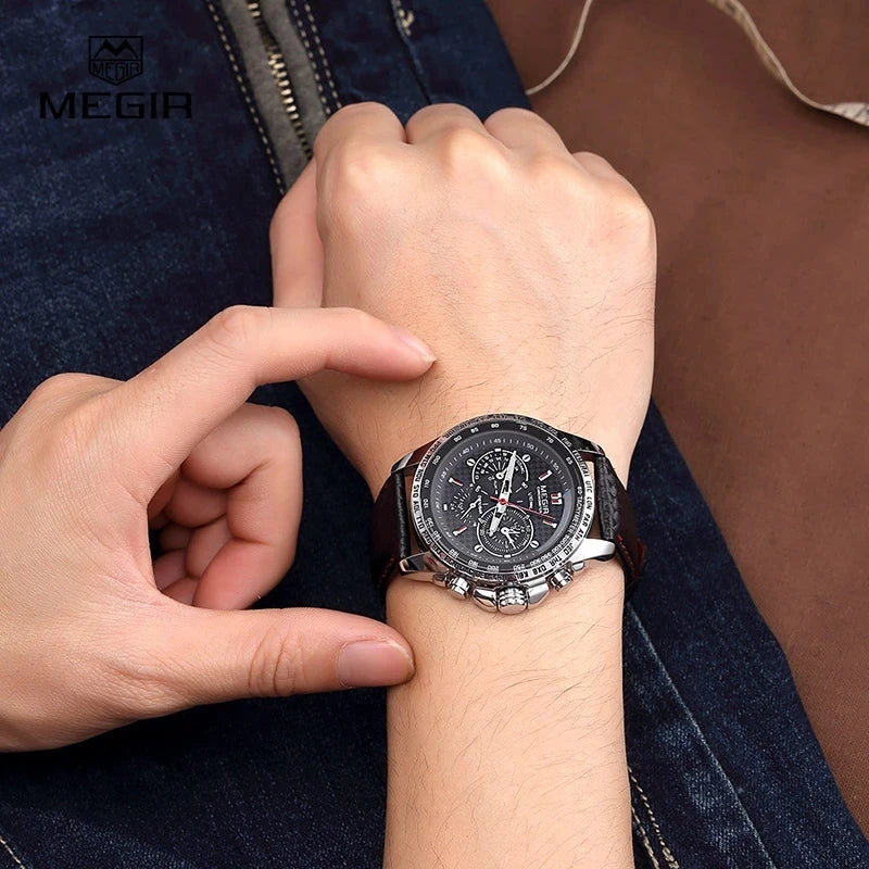 MEGIR Fashion Man's Quartz Analog Wristwatch High Quality Leather