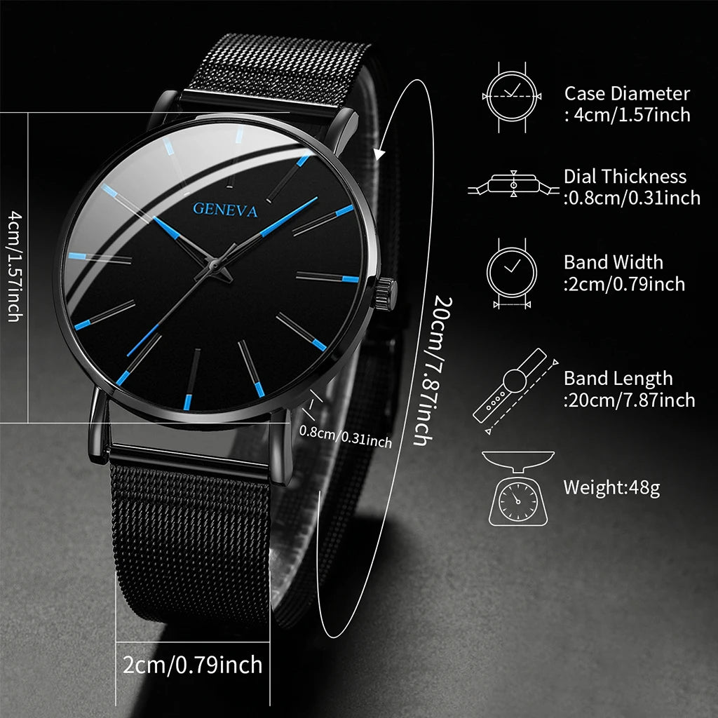 GENEVA Ultra-thin Men Business Watch Steel Mesh Band