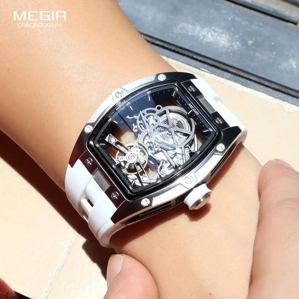 MEGIR Men's Automatic Mechanical Watch with Stainless Steel Case Silicone Band Skeleton Dial