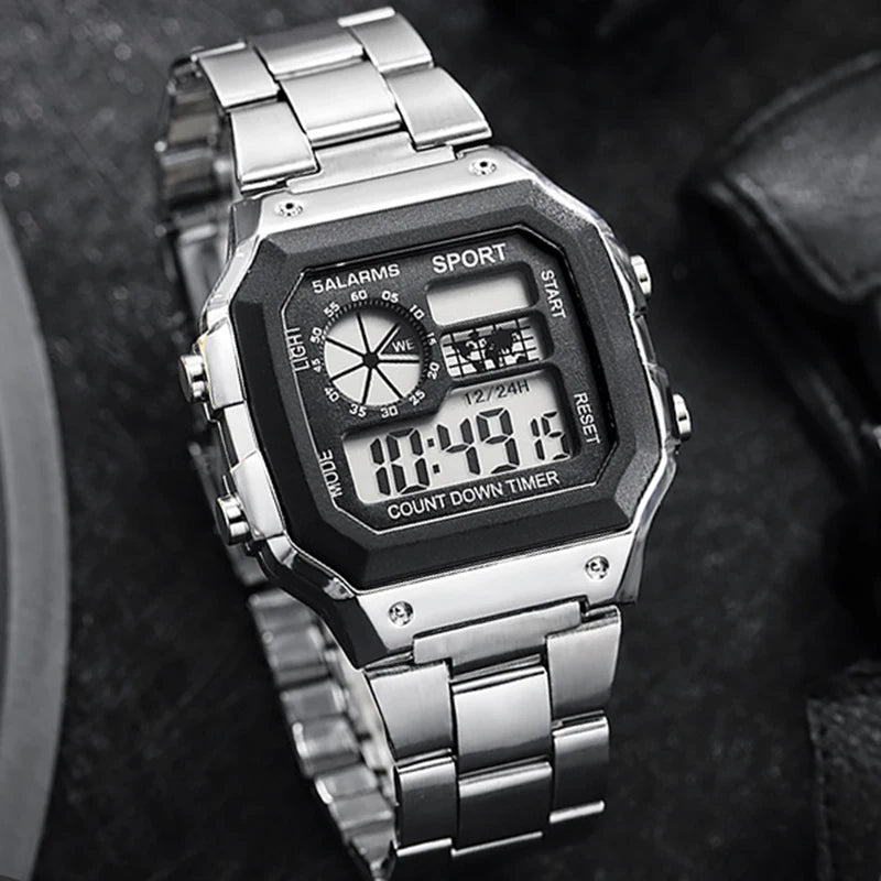 MAYZHISU Classic Men's Digital Watch Luxury Stainless Steel Strap Sport