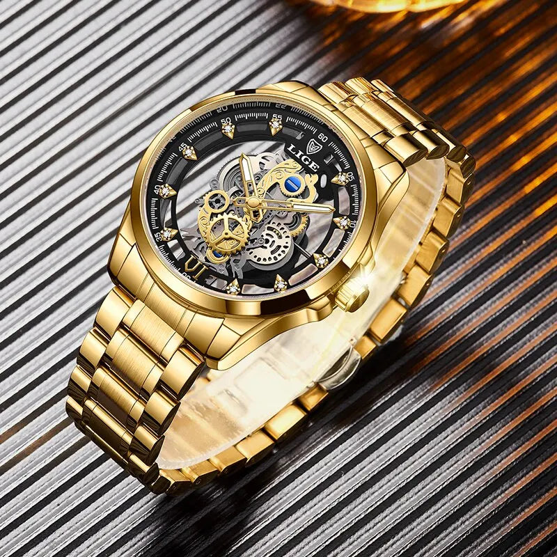 LIGE New Men Watch Gold Skeleton Retro
