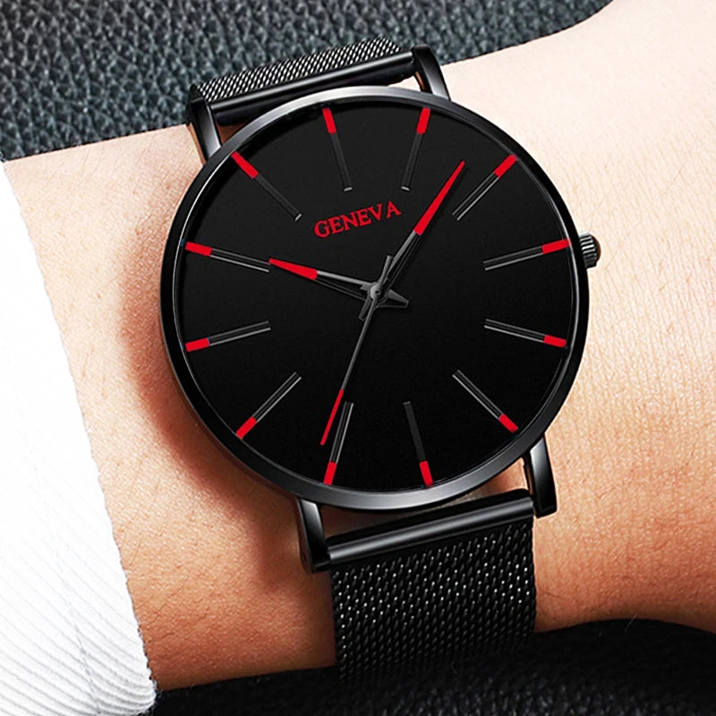 GENEVA Ultra-thin Men Business Watch Steel Mesh Band