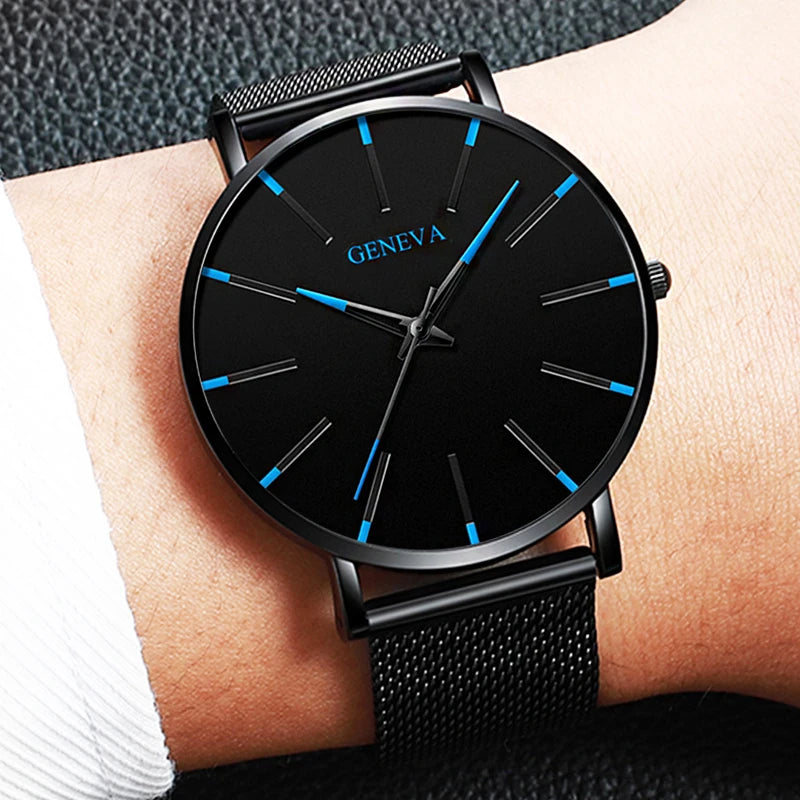 GENEVA Ultra-thin Men Business Watch Steel Mesh Band