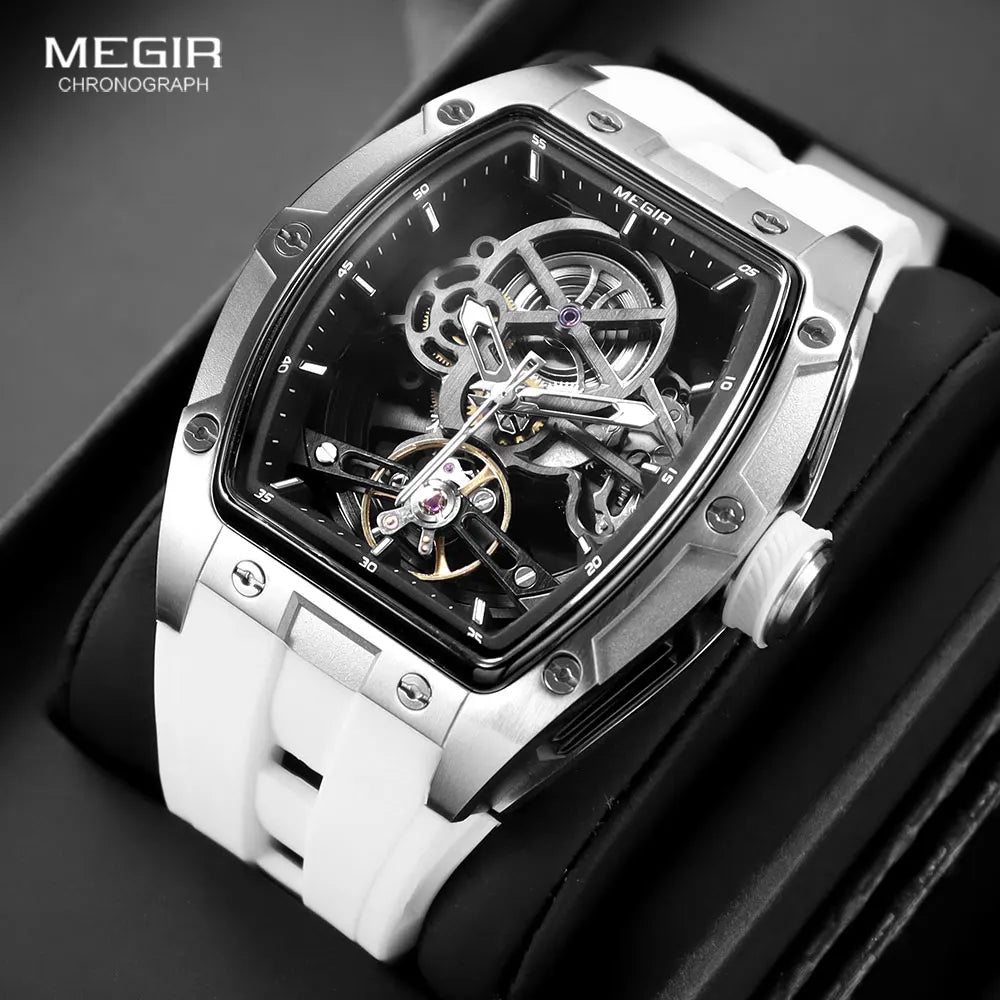 MEGIR Men's Automatic Mechanical Watch with Stainless Steel Case Silicone Band Skeleton Dial