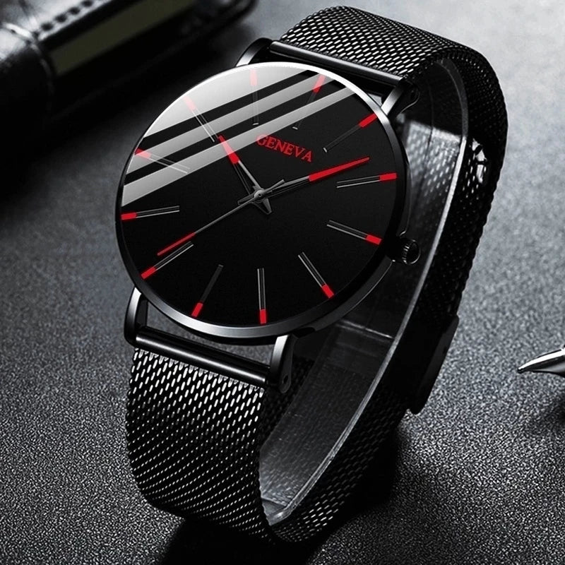 GENEVA Ultra-thin Men Business Watch Steel Mesh Band