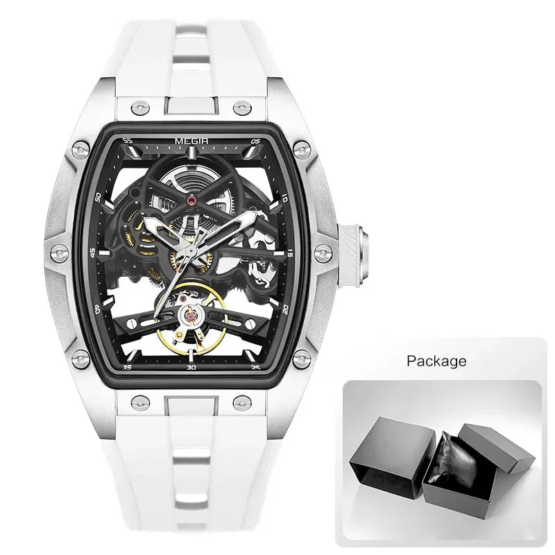MEGIR Men's Automatic Mechanical Watch with Stainless Steel Case Silicone Band Skeleton Dial