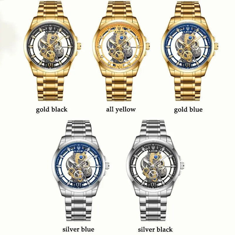 LIGE New Men Watch Gold Skeleton Retro